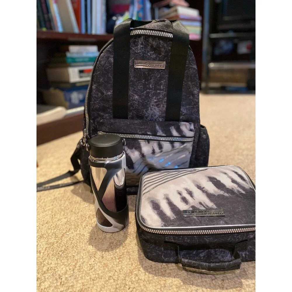 Justice Backpack Set Collect X  3Pc Tie Dye Bl n Wt Silver lunch box bottle NWOT
